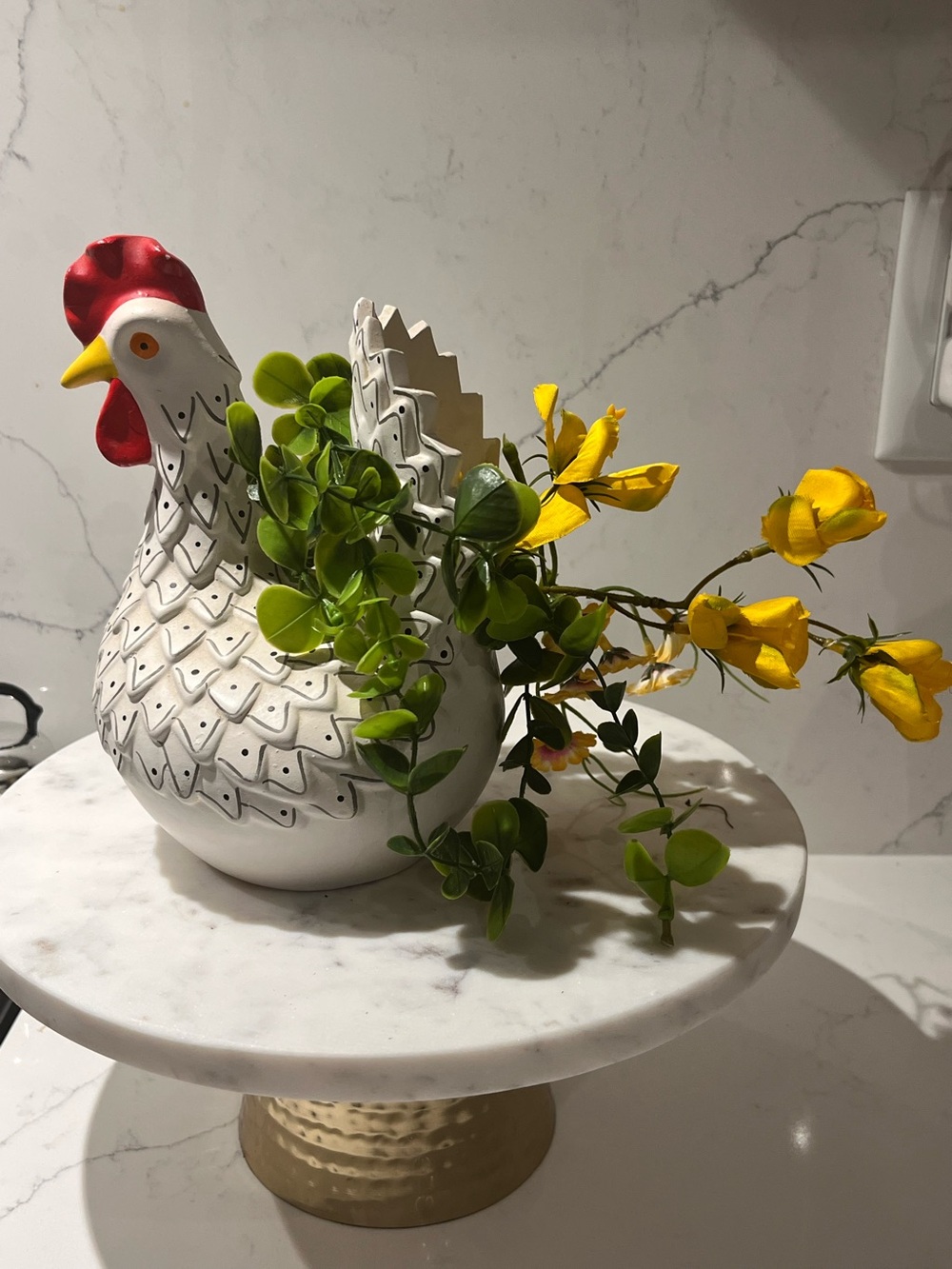 White Ceramic Hen Planter with Yellow Floral Accent